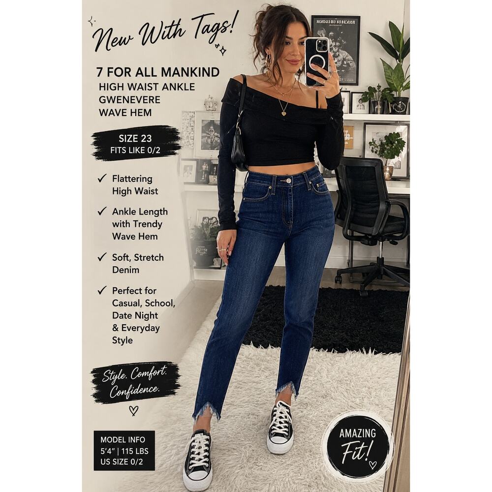 NWT 7 For All Mankind Gwenevere High Waist Ankle Jeans 23 Wave Hem